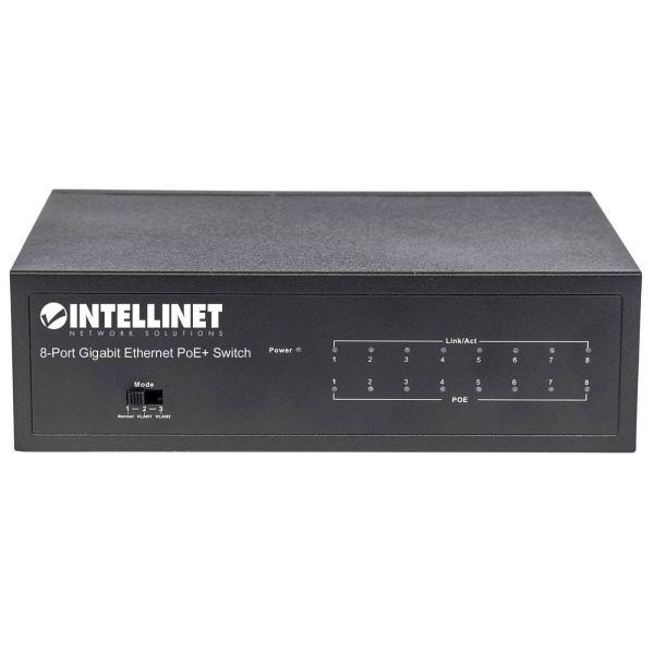 Intellinet 8-poorts Gigabit Ethernet PoE+ netwerk switch, IEEE 802.3at/af conform, 60 W PoE-budget, desktopuitvoering, 3 jaar garantie (561204)
