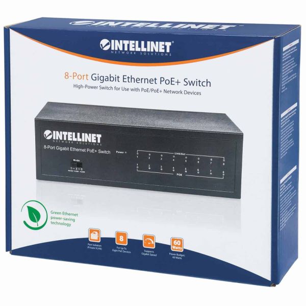 Intellinet 8-poorts Gigabit Ethernet PoE+ netwerk switch, IEEE 802.3at/af conform, 60 W PoE-budget, desktopuitvoering, 3 jaar garantie (561204)