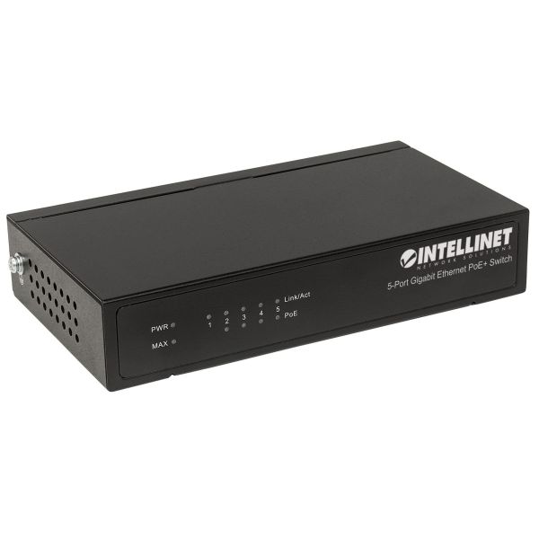 Intellinet 5-poorts Gigabit Ethernet PoE+ netwerk switch, 4x PoE-poorten, IEEE 802.3at/af conform, 60 W PoE-budget, endspan, desktopuitvoering, metalen behuizing, 3 jaar garantie (561228)