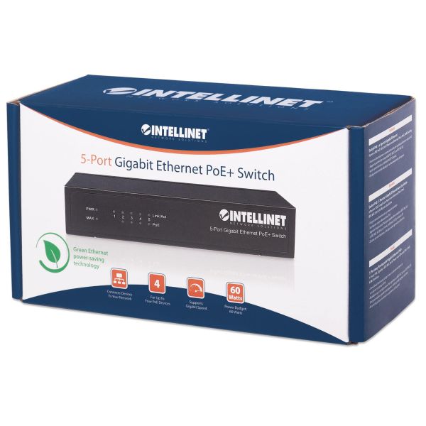 Intellinet 5-poorts Gigabit Ethernet PoE+ netwerk switch, 4x PoE-poorten, IEEE 802.3at/af conform, 60 W PoE-budget, endspan, desktopuitvoering, metalen behuizing, 3 jaar garantie (561228)