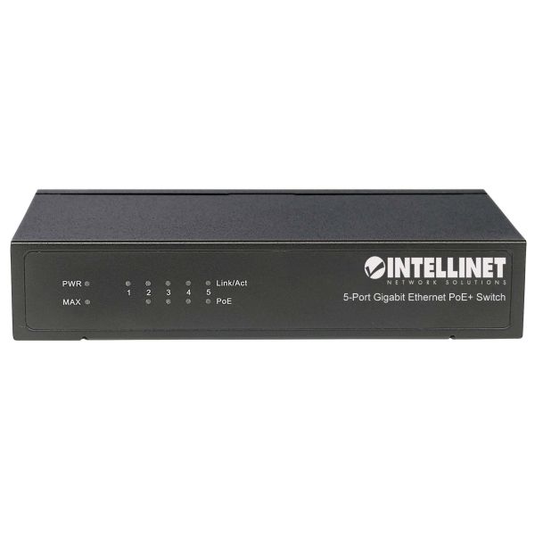 Intellinet 5-poorts Gigabit Ethernet PoE+ netwerk switch, 4x PoE-poorten, IEEE 802.3at/af conform, 60 W PoE-budget, endspan, desktopuitvoering, metalen behuizing, 3 jaar garantie (561228)