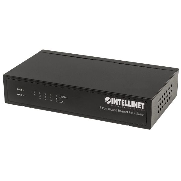 Intellinet 5-poorts Gigabit Ethernet PoE+ netwerk switch, 4x PoE-poorten, IEEE 802.3at/af conform, 60 W PoE-budget, endspan, desktopuitvoering, metalen behuizing, 3 jaar garantie (561228)