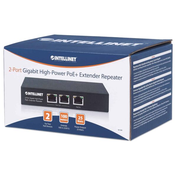 Intellinet 2-poorts Gigabit high-power PoE+ extender/repeater, IEEE 802.3at/af conform, verlengt PoE-bereik, metalen behuizing, geschikt voor wandmontage, Power Over Ethernet, 3 jaar garantie (561266)