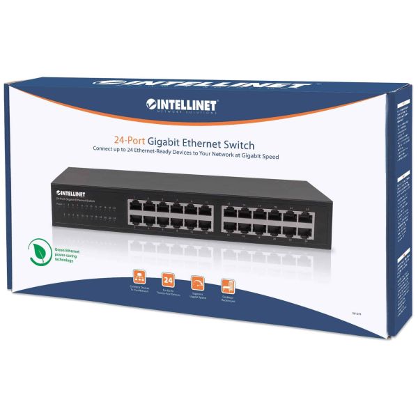 Intellinet 24-poorts Gigabit Ethernet netwerk switch, 24x RJ45 10/100/1000 Mbps, IEEE 802.3az Energy Efficient Ethernet, unmanaged, desktop of 19" rackmontage, metalen behuizing, 3 jaar garantie (561273)