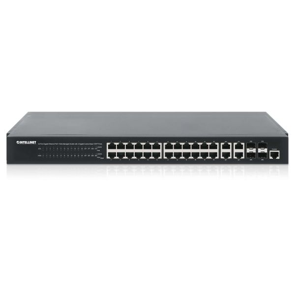 Intellinet 24-poorts Gigabit Ethernet PoE+ web-managed netwerk switch, 20x RJ45 + 4x combo RJ45/SFP, IEEE 802.3at/af conform, PoE-budget 370 W, VLANen QoS-ondersteuning, 19" rackmontage, 3 jaar garantie (561426)
