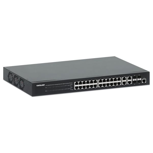 Intellinet 24-poorts Gigabit Ethernet PoE+ web-managed netwerk switch, 20x RJ45 + 4x combo RJ45/SFP, IEEE 802.3at/af conform, PoE-budget 370 W, VLANen QoS-ondersteuning, 19" rackmontage, 3 jaar garantie (561426)