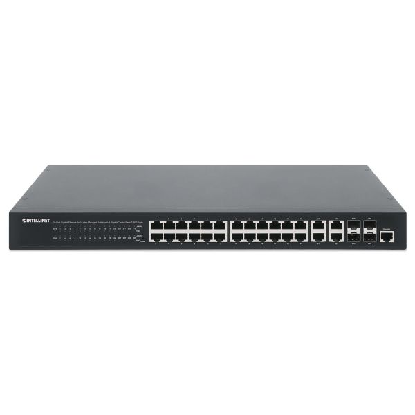 Intellinet 24-poorts Gigabit Ethernet PoE+ web-managed netwerk switch, 20x RJ45 + 4x combo RJ45/SFP, IEEE 802.3at/af conform, PoE-budget 370 W, VLANen QoS-ondersteuning, 19" rackmontage, 3 jaar garantie (561426)