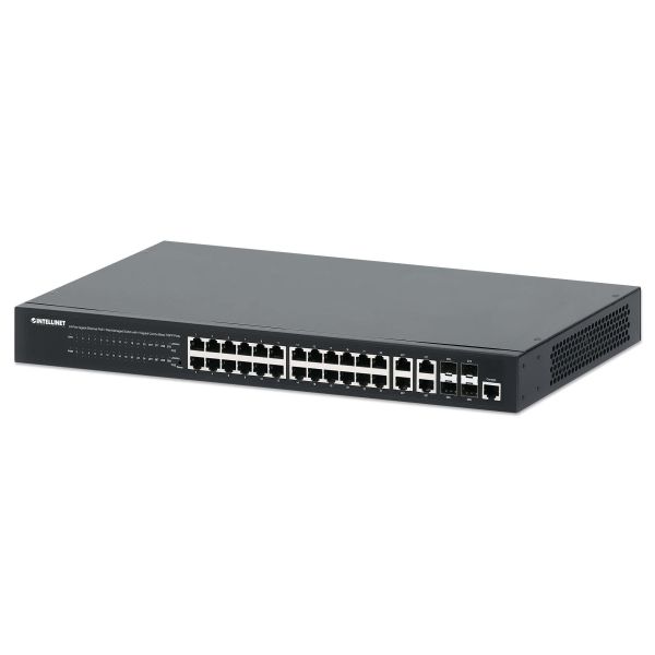 Intellinet 24-poorts Gigabit Ethernet PoE+ web-managed netwerk switch, 20x RJ45 + 4x combo RJ45/SFP, IEEE 802.3at/af conform, PoE-budget 370 W, VLANen QoS-ondersteuning, 19" rackmontage, 3 jaar garantie (561426)