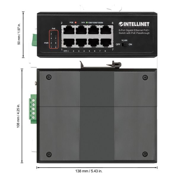 Intellinet 8-poorts industriële Gigabit PoE+ netwerk switch met PoE passthrough, 1x 95 W PD-ingang + 7x PSE-uitgang, 120 W budget, DIN-rail montage, robuuste metalen behuizing, 3 jaar garantie (561624)
