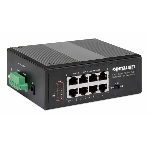 Intellinet 8-poorts industriële Gigabit PoE+ netwerk switch met PoE passthrough, 1x 95 W PD-ingang + 7x PSE-uitgang, 120 W budget, DIN-rail montage, robuuste metalen behuizing, 3 jaar garantie (561624)
