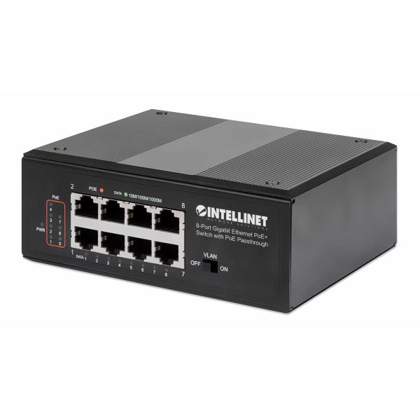 Intellinet 8-poorts industriële Gigabit PoE+ netwerk switch met PoE passthrough, 1x 95 W PD-ingang + 7x PSE-uitgang, 120 W budget, DIN-rail montage, robuuste metalen behuizing, 3 jaar garantie (561624)