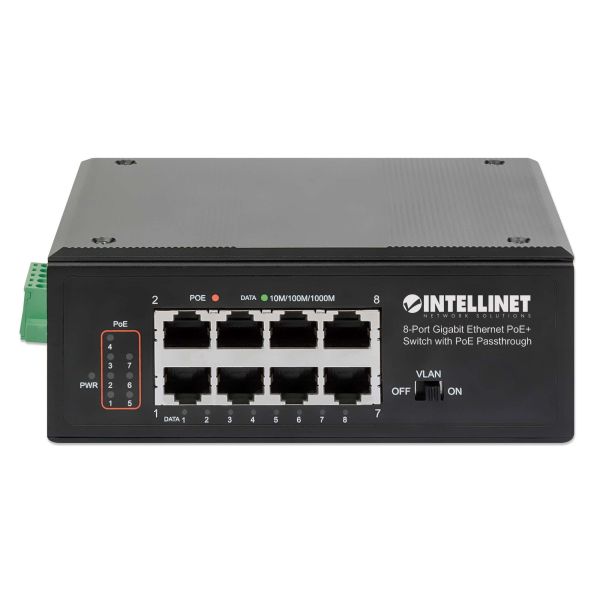 Intellinet 8-poorts industriële Gigabit PoE+ netwerk switch met PoE passthrough, 1x 95 W PD-ingang + 7x PSE-uitgang, 120 W budget, DIN-rail montage, robuuste metalen behuizing, 3 jaar garantie (561624)