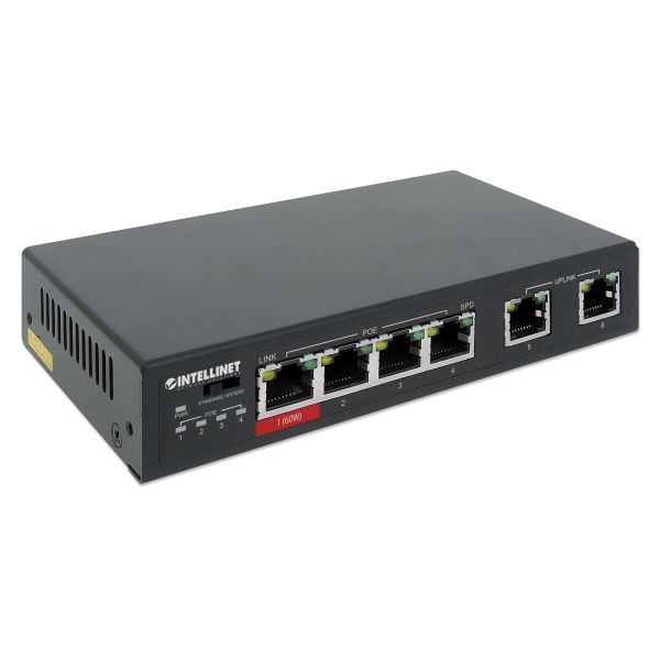 Intellinet 6-poorts Fast Ethernet PoE-netwerk switch, 4x PoE (1x high-power), PoE-budget 65 W, VLANen Extend-modus, 2x uplinkpoorten, geschikt voor bewakingsnetwerken, 3 jaar garantie (561686)