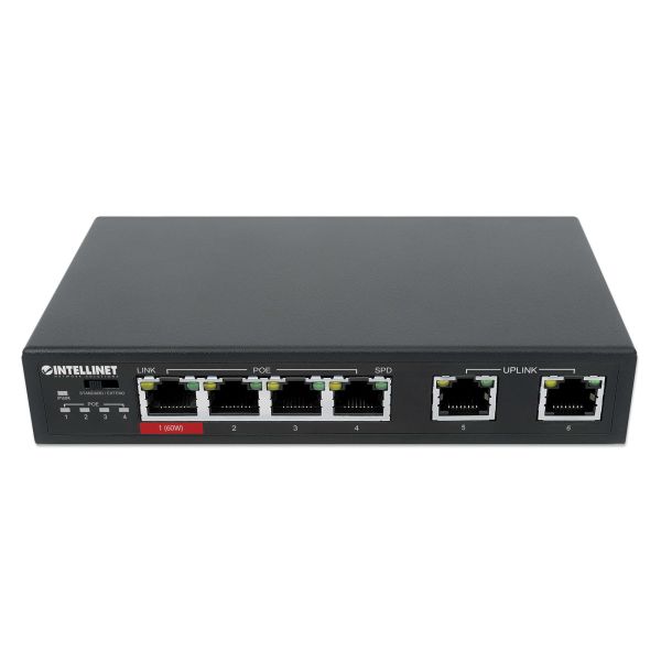 Intellinet 6-poorts Fast Ethernet PoE-netwerk switch, 4x PoE (1x high-power), PoE-budget 65 W, VLANen Extend-modus, 2x uplinkpoorten, geschikt voor bewakingsnetwerken, 3 jaar garantie (561686)