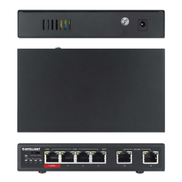 Intellinet 6-poorts Fast Ethernet PoE-netwerk switch, 4x PoE (1x high-power), PoE-budget 65 W, VLANen Extend-modus, 2x uplinkpoorten, geschikt voor bewakingsnetwerken, 3 jaar garantie (561686)