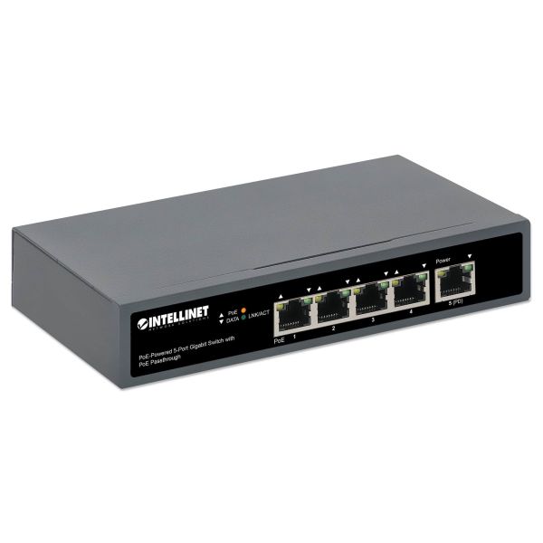 Intellinet 5-poorts Gigabit netwerk switch met PoE passthrough, 1x 95 W PD-ingang (802.3bt), 4x PSE PoE-uitgang, IEEE 802.3at/af conform, desktopof wandmontage, 3 jaar garantie (561808)
