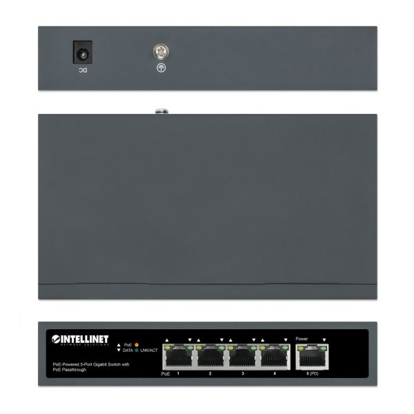 Intellinet 5-poorts Gigabit netwerk switch met PoE passthrough, 1x 95 W PD-ingang (802.3bt), 4x PSE PoE-uitgang, IEEE 802.3at/af conform, desktopof wandmontage, 3 jaar garantie (561808)
