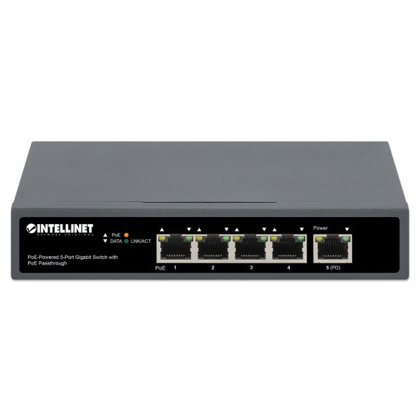 Intellinet 5-poorts Gigabit netwerk switch met PoE passthrough, 1x 95 W PD-ingang (802.3bt), 4x PSE PoE-uitgang, IEEE 802.3at/af conform, desktopof wandmontage, 3 jaar garantie (561808)