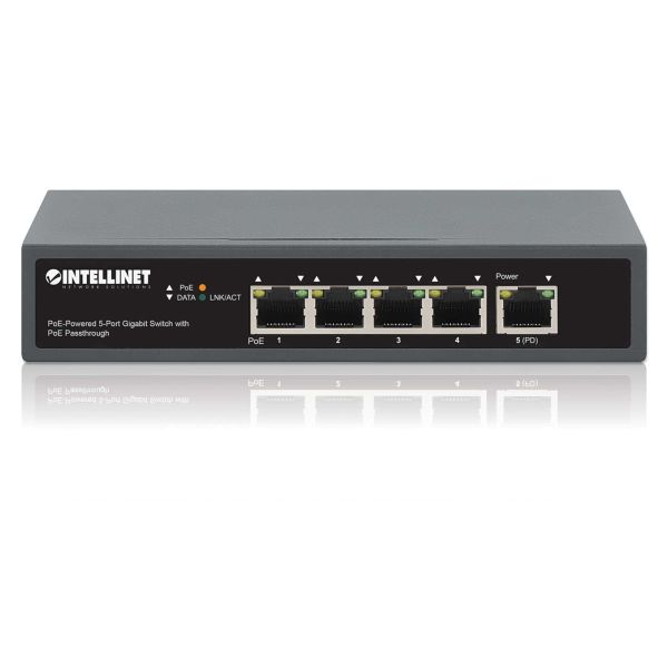 Intellinet 5-poorts Gigabit netwerk switch met PoE passthrough, 1x 95 W PD-ingang (802.3bt), 4x PSE PoE-uitgang, IEEE 802.3at/af conform, desktopof wandmontage, 3 jaar garantie (561808)