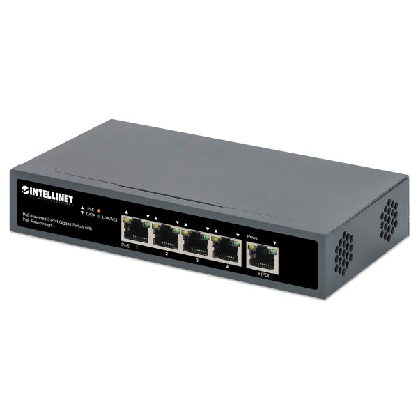 Intellinet 5-poorts Gigabit netwerk switch met PoE passthrough, 1x 95 W PD-ingang (802.3bt), 4x PSE PoE-uitgang, IEEE 802.3at/af conform, desktopof wandmontage, 3 jaar garantie (561808)