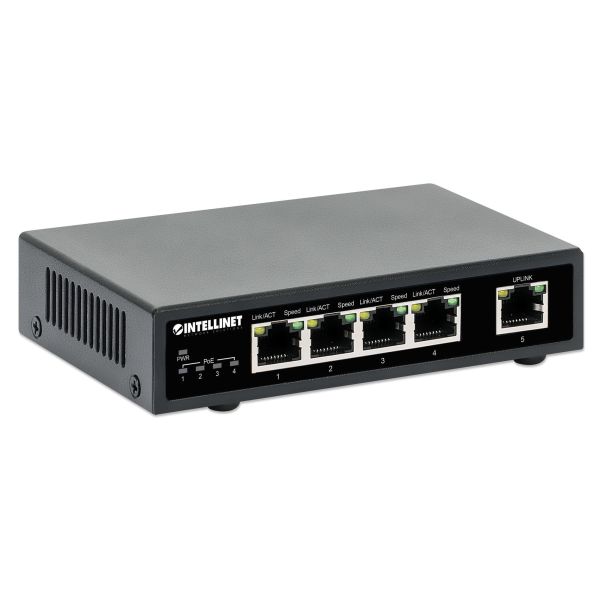 Intellinet 5-poorts Gigabit Ethernet PoE+ netwerk switch, 4x PoE-poorten, IEEE 802.3at/af conform, 62 W PoE-budget, endspan, desktopuitvoering, 3 jaar garantie (561839)