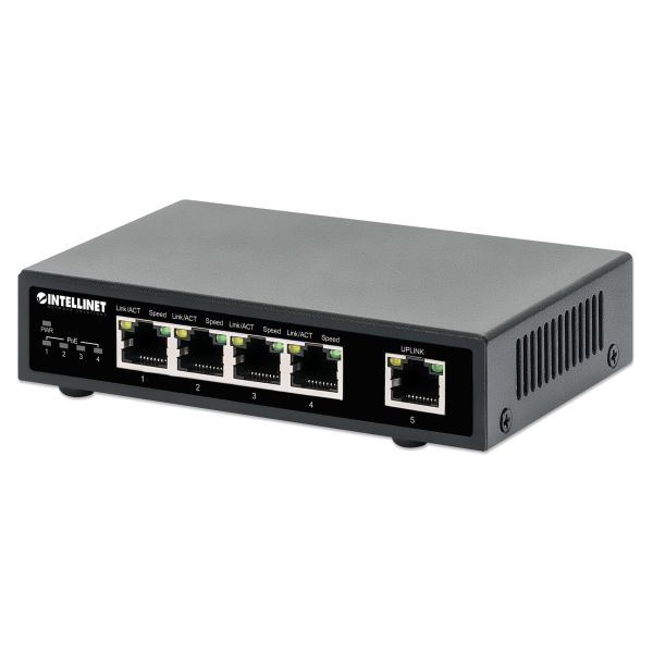 Intellinet 5-poorts Gigabit Ethernet PoE+ netwerk switch, 4x PoE-poorten, IEEE 802.3at/af conform, 62 W PoE-budget, endspan, desktopuitvoering, 3 jaar garantie (561839)