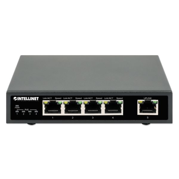 Intellinet 5-poorts Gigabit Ethernet PoE+ netwerk switch, 4x PoE-poorten, IEEE 802.3at/af conform, 62 W PoE-budget, endspan, desktopuitvoering, 3 jaar garantie (561839)