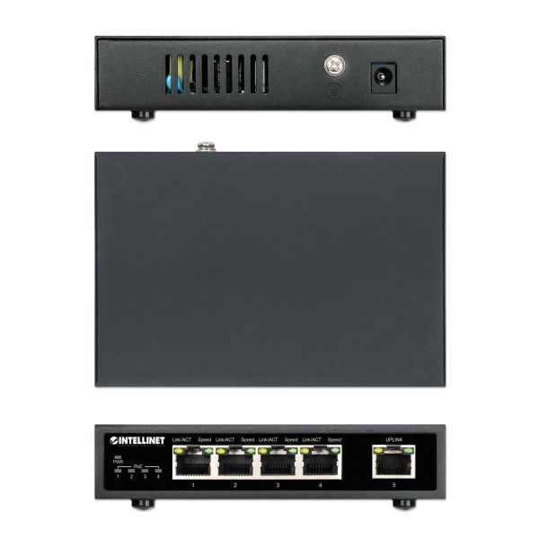 Intellinet 5-poorts Gigabit Ethernet PoE+ netwerk switch, 4x PoE-poorten, IEEE 802.3at/af conform, 62 W PoE-budget, endspan, desktopuitvoering, 3 jaar garantie (561839)