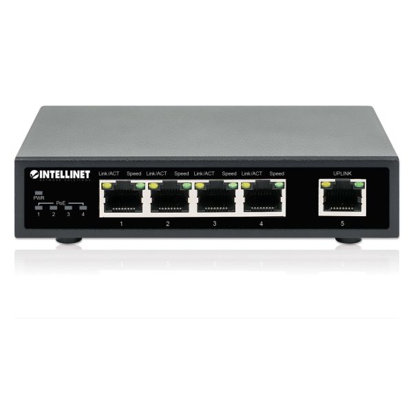 Intellinet 5-poorts Gigabit Ethernet PoE+ netwerk switch, 4x PoE-poorten, IEEE 802.3at/af conform, 62 W PoE-budget, endspan, desktopuitvoering, 3 jaar garantie (561839)