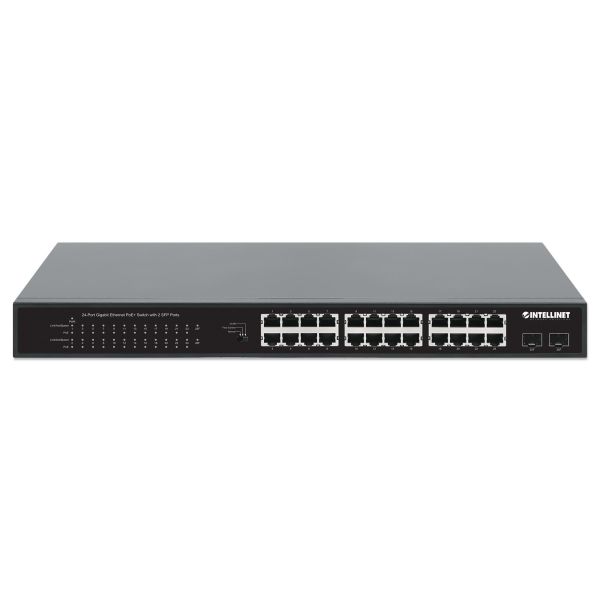 Intellinet 24-poorts Gigabit Ethernet PoE+ netwerk switch, 24x RJ45 10/100/1000 Mbps, 2x SFP-uplink, IEEE 802.3at/af conform, PoE-budget 370 W, endspan, 19" rackmontage, metalen behuizing, 3 jaar garantie (561891) Intellinet 24-poorts Gigabit Ethernet PoE+ netwerk switch, 24x RJ45 10/100/1000 Mbps, 2x SFP-uplink, IEEE 802.3at/af conform, PoE-budget 370 W, endspan, 19" rackmontage, metalen behuizing, 3 jaar garantie (561891)