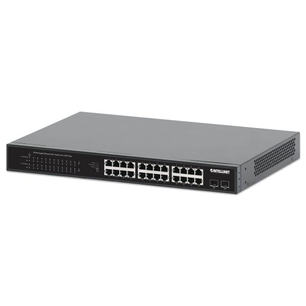 Intellinet 24-poorts Gigabit Ethernet PoE+ netwerk switch, 24x RJ45 10/100/1000 Mbps, 2x SFP-uplink, IEEE 802.3at/af conform, PoE-budget 370 W, endspan, 19" rackmontage, metalen behuizing, 3 jaar garantie (561891)