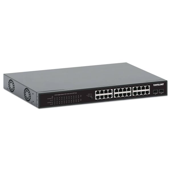 Intellinet 24-poorts Gigabit Ethernet PoE+ netwerk switch, 24x RJ45 10/100/1000 Mbps, 2x SFP-uplink, IEEE 802.3at/af conform, PoE-budget 370 W, endspan, 19" rackmontage, metalen behuizing, 3 jaar garantie (561891) Intellinet 24-poorts Gigabit Ethernet PoE+ netwerk switch, 24x RJ45 10/100/1000 Mbps, 2x SFP-uplink, IEEE 802.3at/af conform, PoE-budget 370 W, endspan, 19" rackmontage, metalen behuizing, 3 jaar garantie (561891)