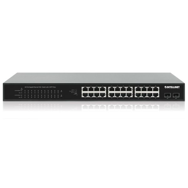 Intellinet 24-poorts Gigabit Ethernet PoE+ netwerk switch, 24x RJ45 10/100/1000 Mbps, 2x SFP-uplink, IEEE 802.3at/af conform, PoE-budget 370 W, endspan, 19" rackmontage, metalen behuizing, 3 jaar garantie (561891) Intellinet 24-poorts Gigabit Ethernet PoE+ netwerk switch, 24x RJ45 10/100/1000 Mbps, 2x SFP-uplink, IEEE 802.3at/af conform, PoE-budget 370 W, endspan, 19" rackmontage, metalen behuizing, 3 jaar garantie (561891)