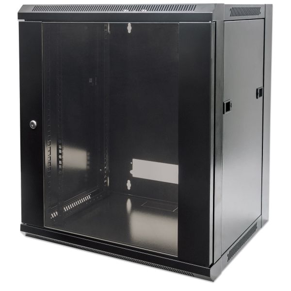 Intellinet 19" netwerkkast wandmontage (standaard), 9U, 450 mm diep, zwart, bouwpakket (flatpack), max. 60 kg, bruikbare diepte 270–350 mm, metalen & glazen deur, afneembare zijpanelen, montagemateriaal niet inbegrepen (711777)