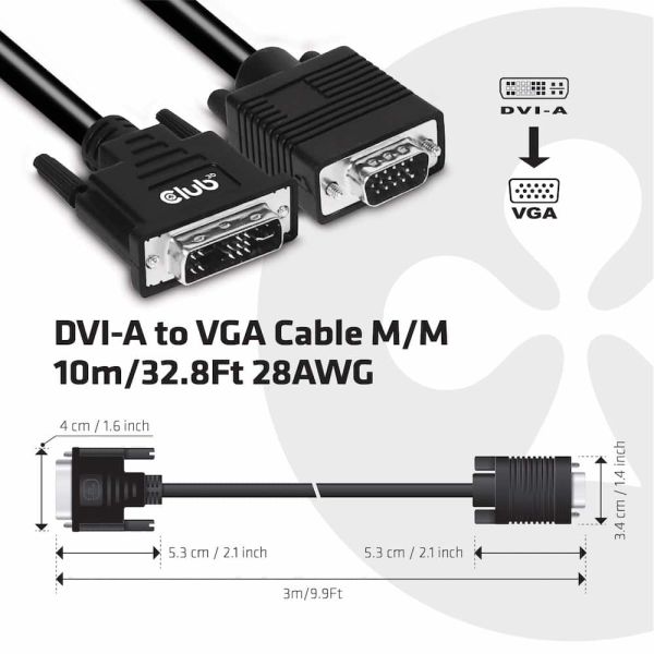 CLUB3D DVI-A TO VGA CABLE M/M 3m/ 9.8ft 28 AWG DVI-D Zwart (CAC-1243)