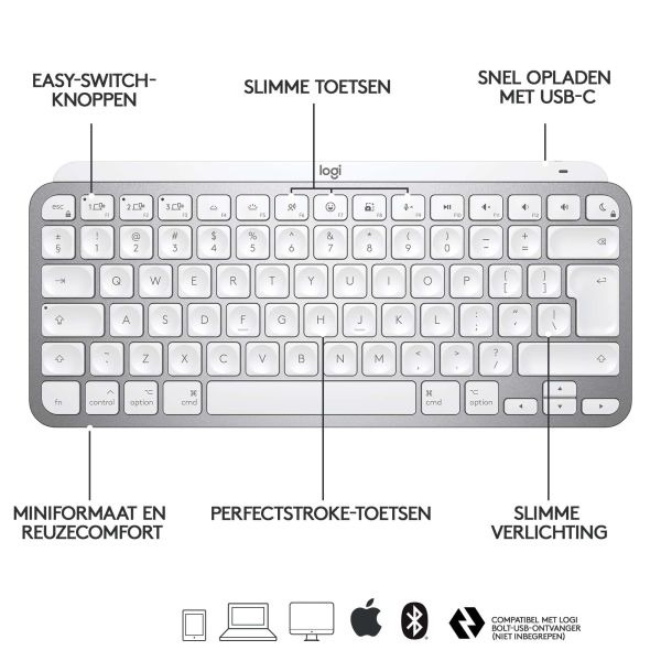 Logitech MX Keys Mini For Mac Minimalist Wireless Illuminated Keyboard toetsenbord Kantoor Bluetooth QWERTY Engels Wit (920-010526)