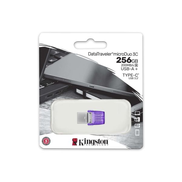 Kingston Technology DataTraveler microDuo 3C USB flash drive 256 GB USB Type-A / USB Type-C 3.2 Gen 1 (3.1 Gen 1) Roestvrijstaal, Paars (DTDUO3CG3/256GB)