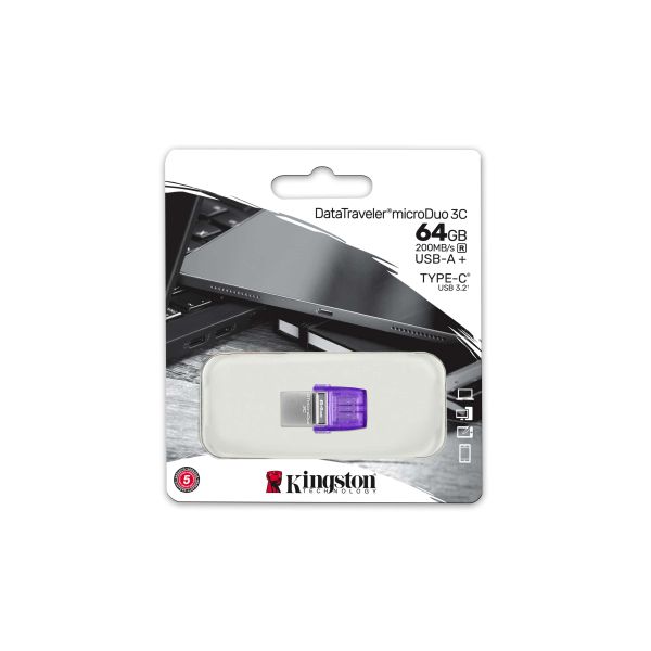 Kingston Technology DataTraveler 64GB microDuo 3C 200 MB/s dubbele USB-A + USB-C (DTDUO3CG3/64GB)