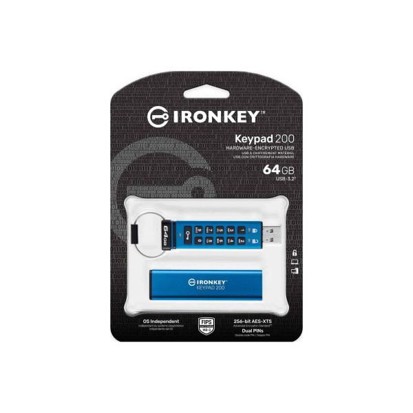 Kingston Technology IronKey Keypad 200 USB flash drive 64 GB USB Type-A 3.2 Gen 1 (3.1 Gen 1) Blauw (IKKP200/64GB)