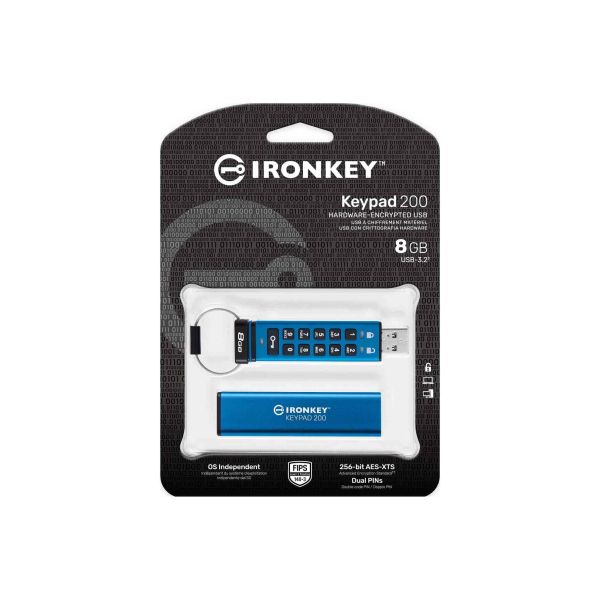 Kingston Technology IronKey Keypad 200 USB flash drive 8 GB USB Type-A 3.2 Gen 1 (3.1 Gen 1) Blauw (IKKP200/8GB)