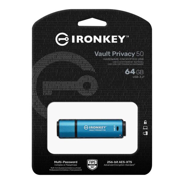Kingston Technology IronKey Vault Privacy 50 USB flash drive 64 GB USB Type-A 3.2 Gen 1 (3.1 Gen 1) Blauw (IKVP50/64GB)