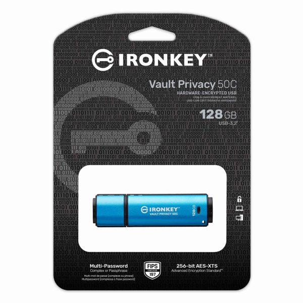 Kingston Technology IronKey VP50 USB flash drive 128 GB USB Type-C 3.2 Gen 1 (3.1 Gen 1) Zwart, Blauw (IKVP50C/128GB)