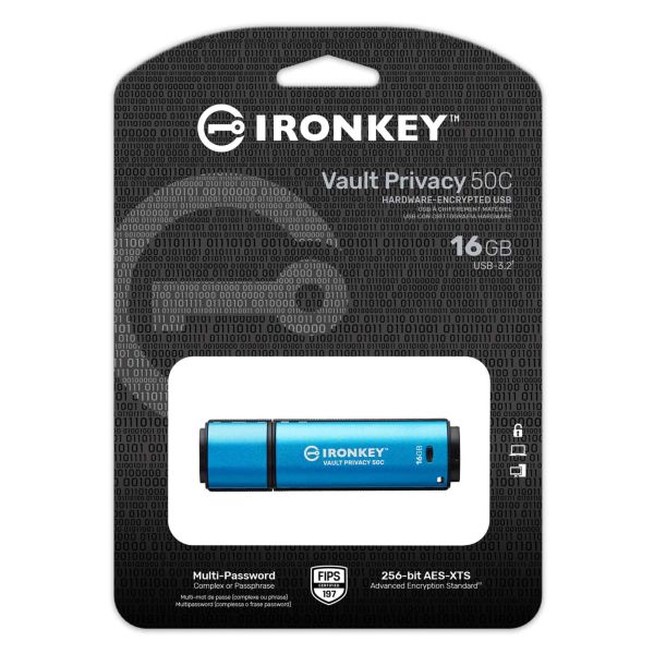 Kingston Technology IronKey VP50 USB flash drive 16 GB USB Type-C 3.2 Gen 1 (3.1 Gen 1) Zwart, Blauw (IKVP50C/16GB)