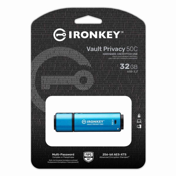 Kingston Technology IronKey VP50 USB flash drive 32 GB USB Type-C 3.2 Gen 1 (3.1 Gen 1) Zwart, Blauw (IKVP50C/32GB)