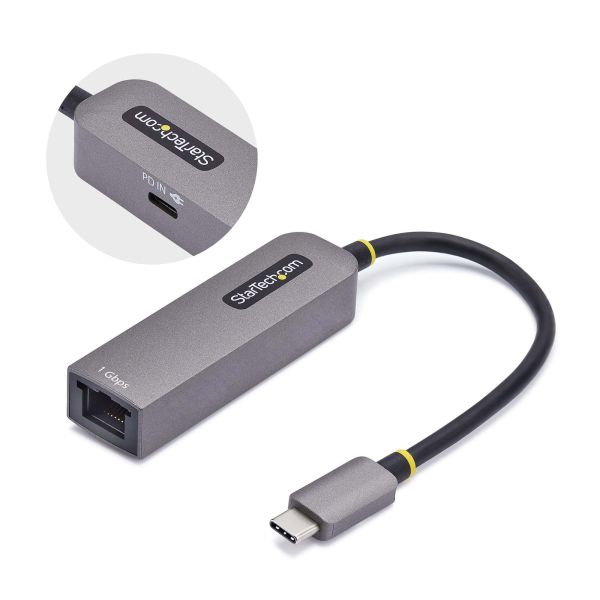StarTech.com USB-C naar Ethernet Adapter, NIC, 100W PD Pass-Through, USB 3.0 Type-C 1Gbps Multi Speed Netwerk Adapter, Gigabit Ethernet, Thunderbolt Compatibel, Windows &amp; Mac (1GPD3-USB-C-ETHERNET)