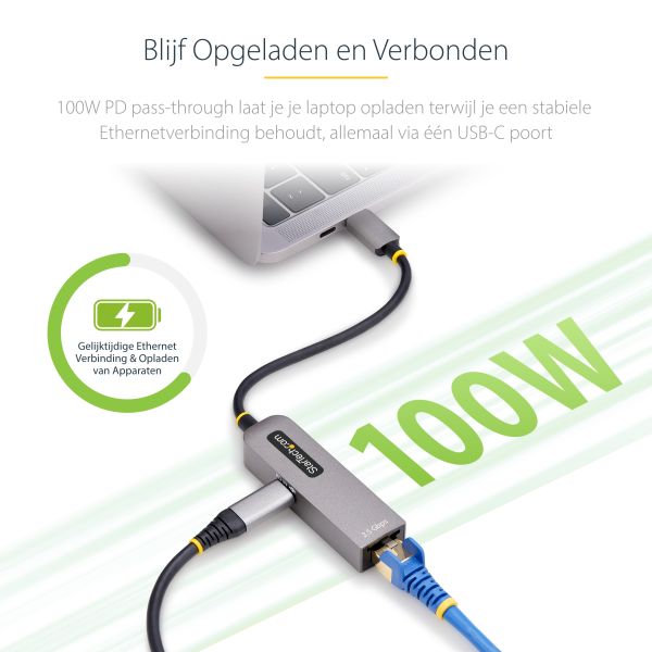 StarTech.com 2.5GbE USB-C naar Ethernet Adapter, 100W PD Pass-Through, NBASE-T NIC, USB 3.0 Type-C 2.5/1G Multi Speed Netwerk, Thunderbolt Compatibel, Windows &amp; Mac (2GPD3-USB-C-ETHERNET)