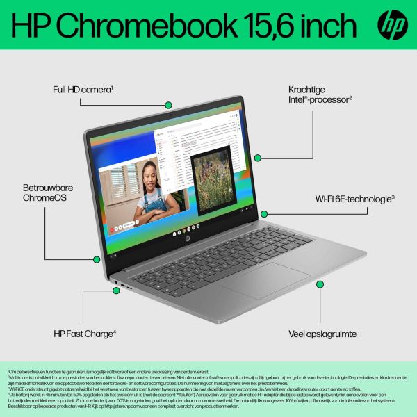 HP Chromebook 15a-nb0100nd Intel® N N100 39,6 cm (15.6") Full HD 4 GB LPDDR5-SDRAM 128 GB UFS Wi-Fi 6 (802.11ax) ChromeOS Zilver (B0WV1EA#ABH)