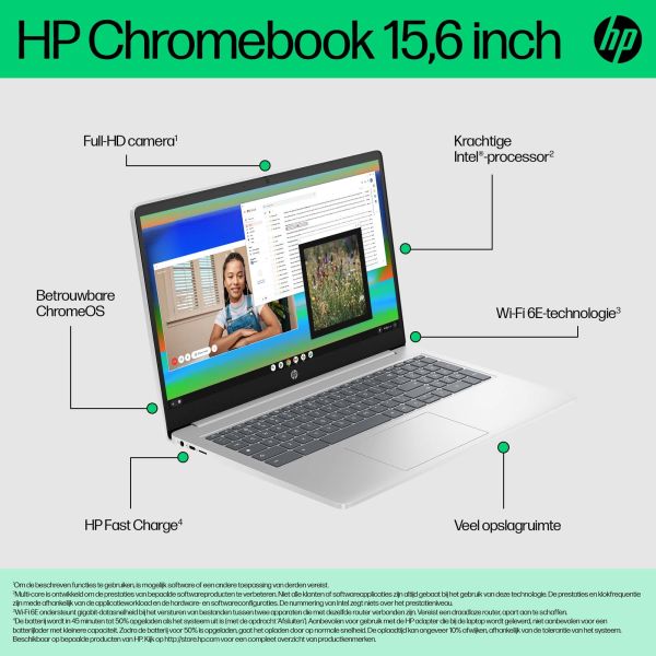 HP Chromebook 15a-nb0100nd Intel® N N100 39,6 cm (15.6") Full HD 4 GB LPDDR5-SDRAM 128 GB UFS Wi-Fi 6 (802.11ax) ChromeOS Zilver (B0WV1EA#ABH)