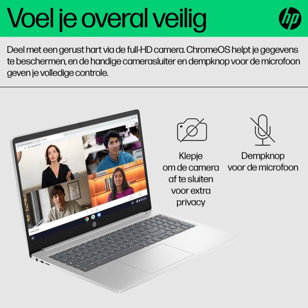 HP Chromebook 15a-nb0150nd Intel® N N100 39,6 cm (15.6") Full HD 8 GB LPDDR5-SDRAM 128 GB UFS Wi-Fi 6 (802.11ax) ChromeOS Zilver (B0WV3EA#ABH)