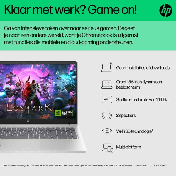 HP Chromebook 15a-nb0150nd Intel® N N100 39,6 cm (15.6") Full HD 8 GB LPDDR5-SDRAM 128 GB UFS Wi-Fi 6 (802.11ax) ChromeOS Zilver (B0WV3EA#ABH)